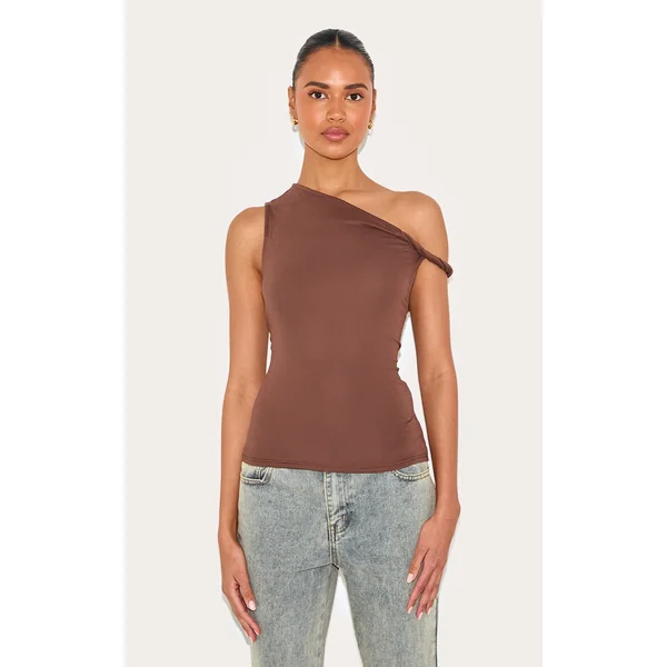 Mocha Soft Cotton Twist Detail Long Vest Top