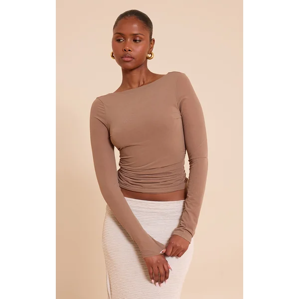 Mocha Stretch Chiffon Cowl Back Long Sleeve Top