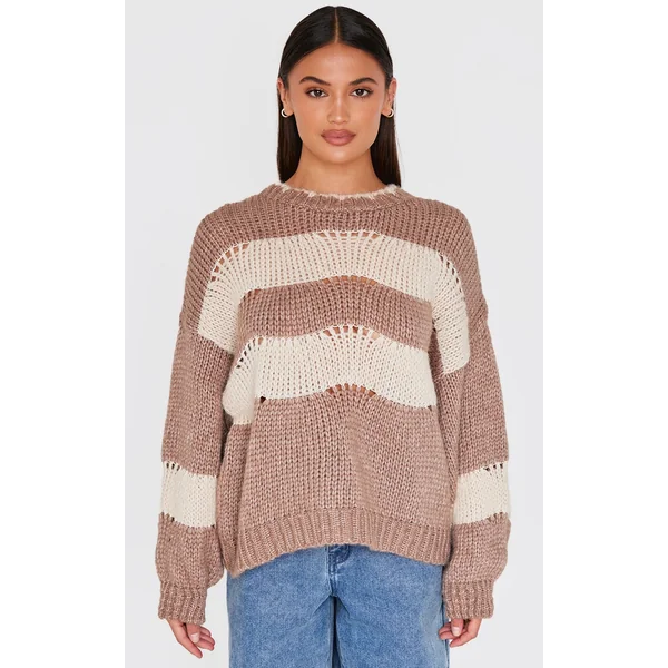 Mocha Stripe Distressed Detail Chunky Knit Sweater