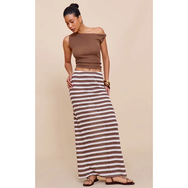 Mocha Striped Textured Jersey Maxi Skirt