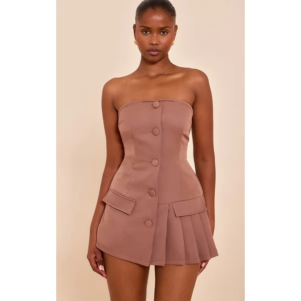 Mocha Tailored Pleat Detail Bandeau Romper