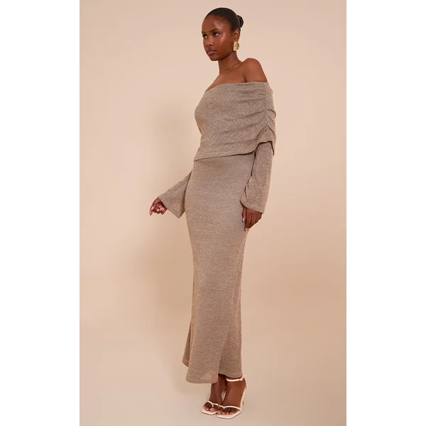 Mocha Textured Bardot Foldover Maxi Dress