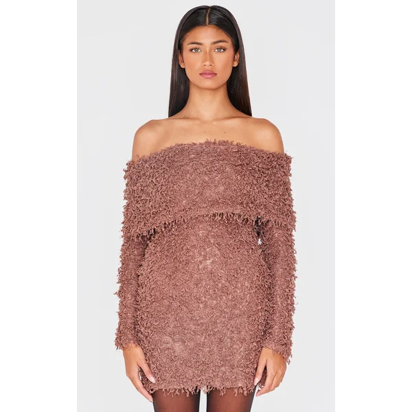 Mocha Textured Long Sleeve Fold Over Bardot Mini Dress