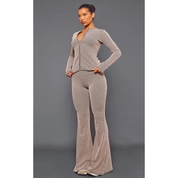 Mocha Two Tone Rib High Waist Flares