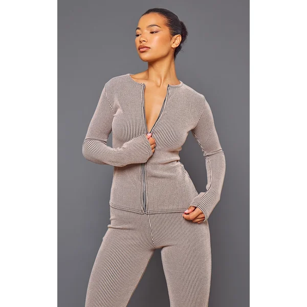 Mocha Two Tone Rib Longline Zip Up Top