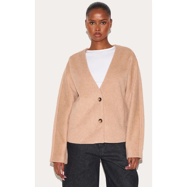 Mocha Wool Look Button Up V Neck Jacket