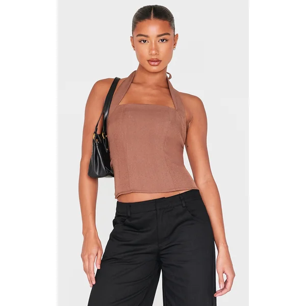Mocha Woven Halterneck Long Top