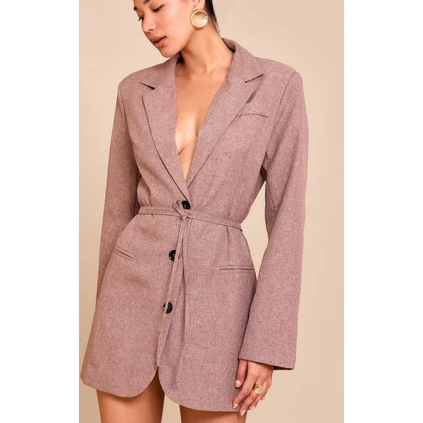 Mocha Woven Tie Belt Blazer Dress