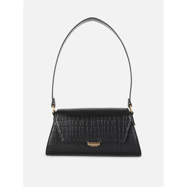 Mock Croc Flap Shoulder Bag - Black