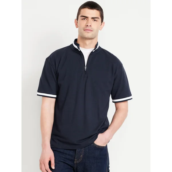 Mock-Neck Pique Quarter Zip - Navy/White Stripe