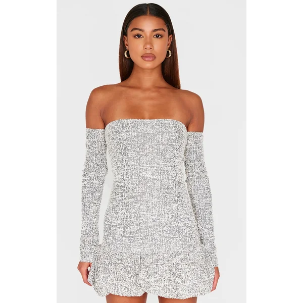 Monochrome Bardot Boucle Puffball Mini Dress