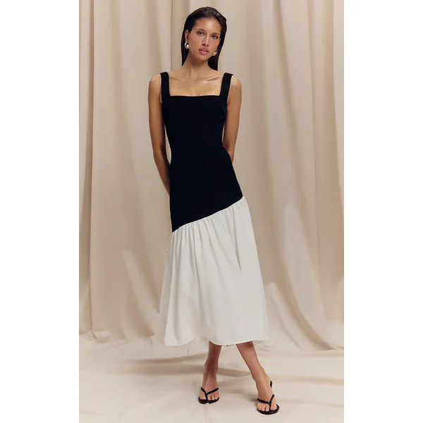Monochrome Contrast Pleated Hem Square Neck Midaxi Dress