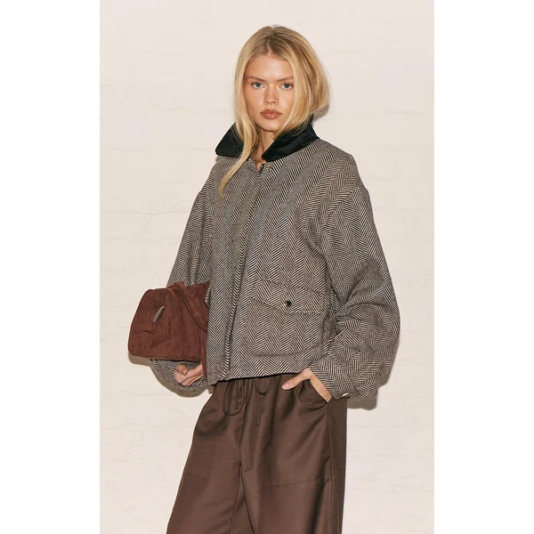 Monochrome Herringbone Contrast Collar Jacket