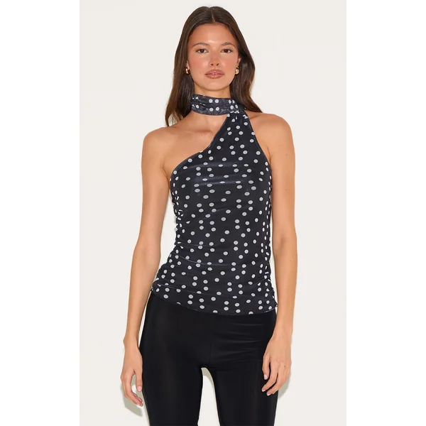 Monochrome Mesh Polka Dot Scarf Detail Top