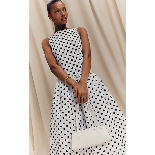 Monochrome Polka Dot Printed Dropped Waist Midaxi Dress