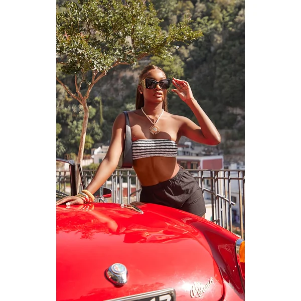 Monochrome Printed Crinkle Bandeau Bikini Top