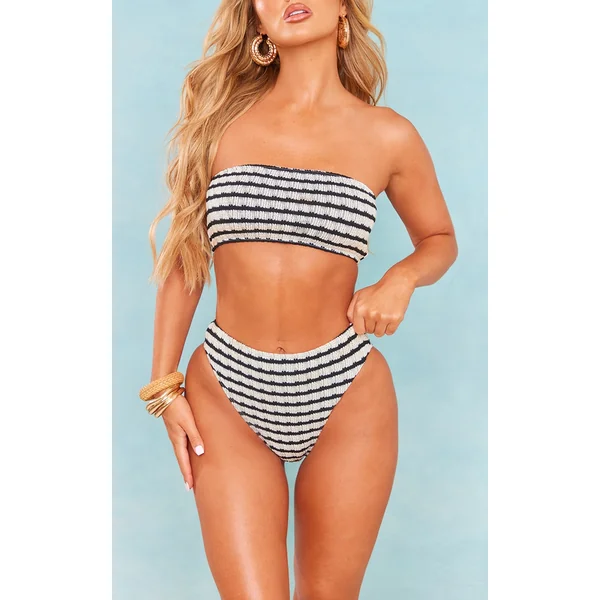 Monochrome Printed Crinkle High Waist High Leg Bikini Bottoms