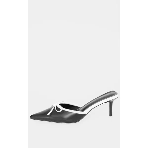 Monochrome Pu Point Toe Bow Detail Mid Heeled Court Mules