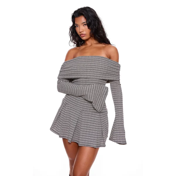 Monochrome Textured Bardot Flared Sleeve Shift Dress