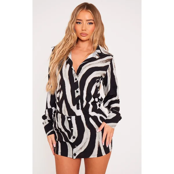 Monochrome Zebra Print Button Skirt Detail Bodycon Dress