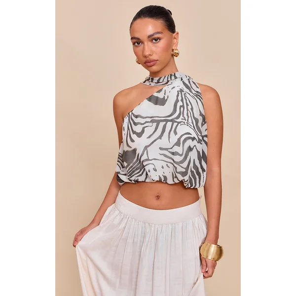 Monochrome Zebra Print Chiffon Scarf Detail Puffball