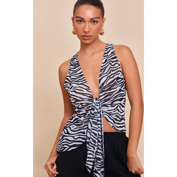 Monochrome Zebra Printed Drape Plunge Front Chiffon Long Top