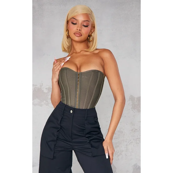 Moss Khaki Bandage Hook And Eye Structured Corset