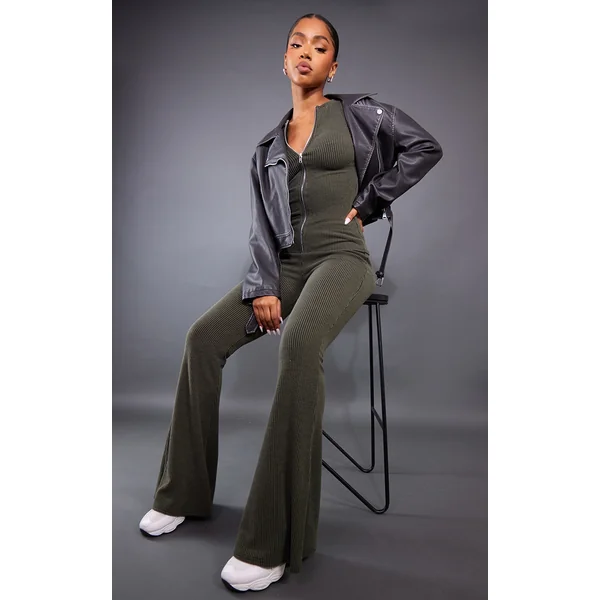 Moss Khaki Two Tone Rib High Waist Flares