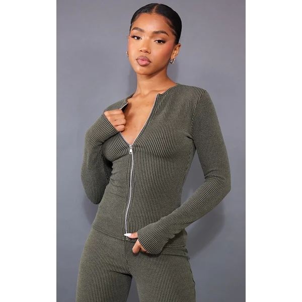 Moss Khaki Two Tone Rib Longline Zip Up Top