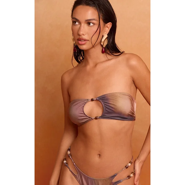 Multi Blurred Print Bead Trim Bandeau Bikini Top