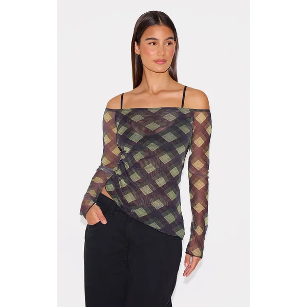 Multi Checked Bardot Asymmetric Hem Long Sleeve Top