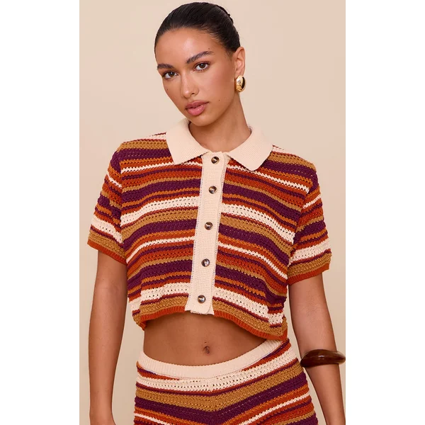 Multi Crochet Stripe Knit Polo Top