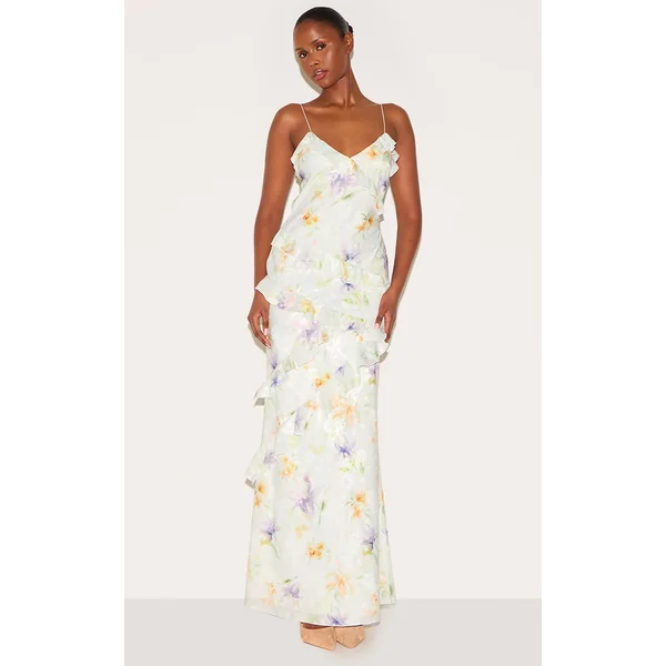 Multi Floral Embroidered Frill Maxi Dress