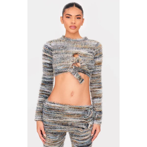 Multi Fluffy Belted Long Sleeve Top