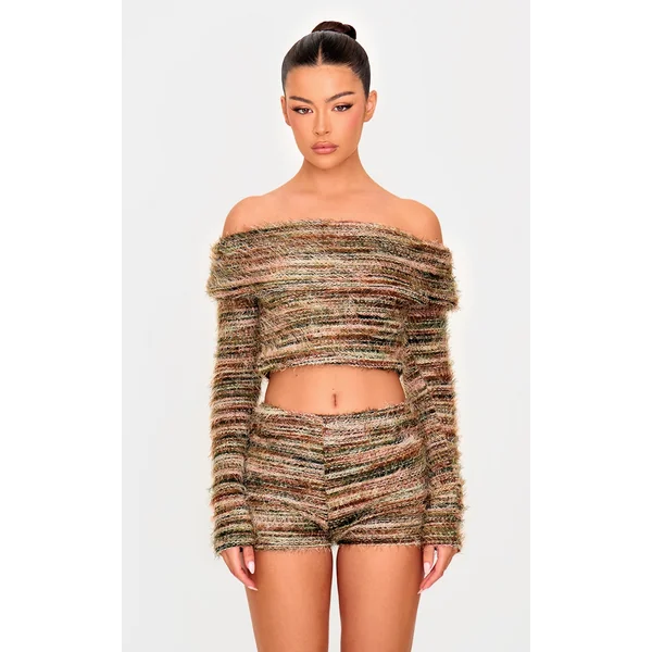 Multi Fluffy Textured Foldover Bardot Top