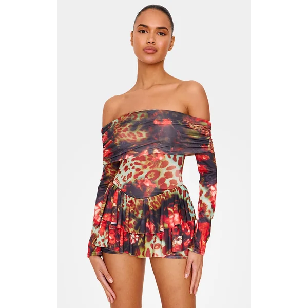 Multi Leopard Print Slinky Long Sleeve Bardot Rara Skort Romper