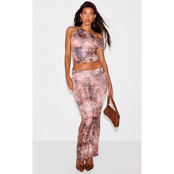 Multi Muted Snake Print Foldover Metal Detail Skinny Flare Pants