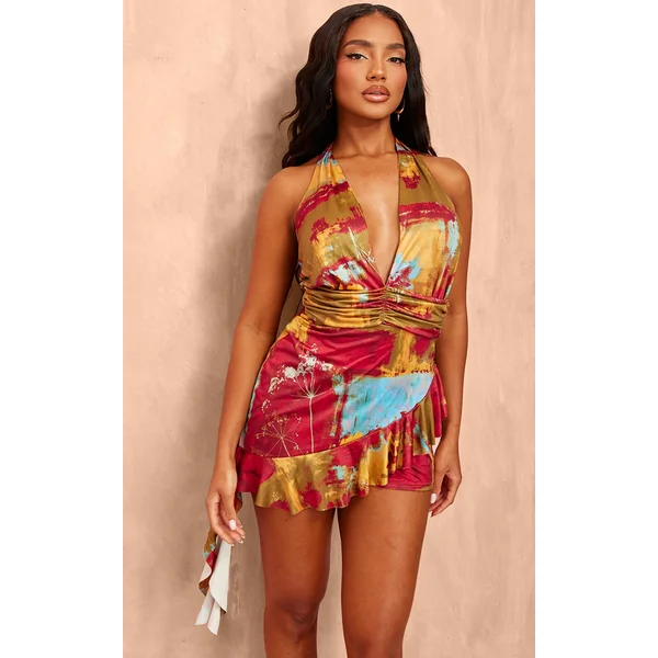 Multi Print Slinky Halterneck Drape Skort Romper