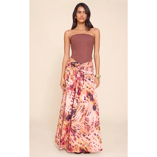 Multi Print Twist Front Thigh Split Maxi Skirt