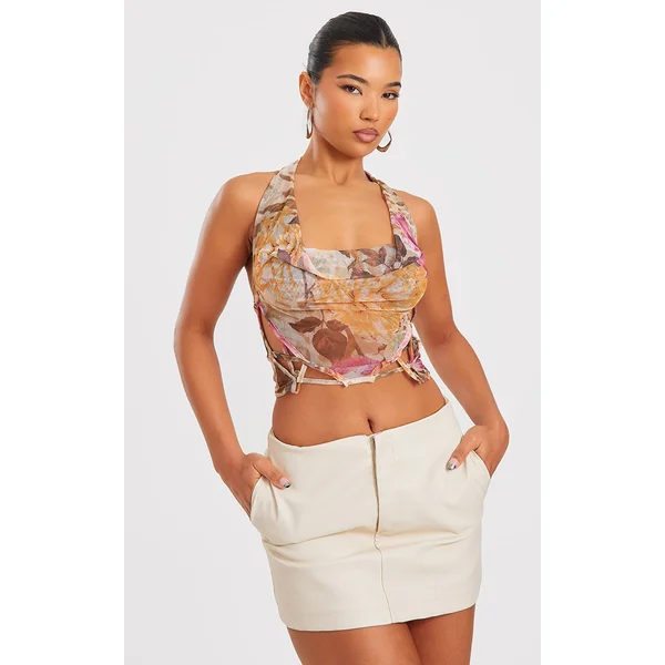 Multi Printed Mesh Longline Open Back Cami Long Top