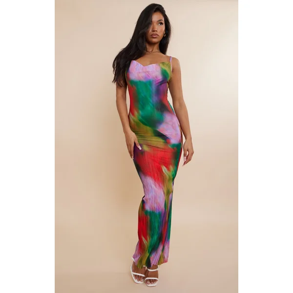 Multi Printed Plisse Strappy Maxi Dress
