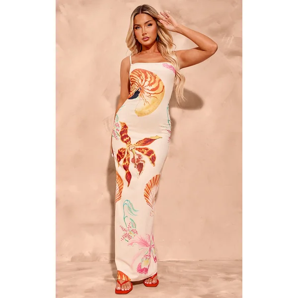 Multi Shell Print Crinkle Textured Contrast Strappy Maxi Dress