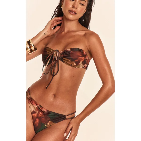 Multi Watercolour Floral Ruched Waist Panel Tanga Bikini Bottoms