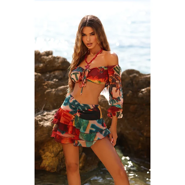 Multi Western Print Chiffon Long Sleeve Beach Top