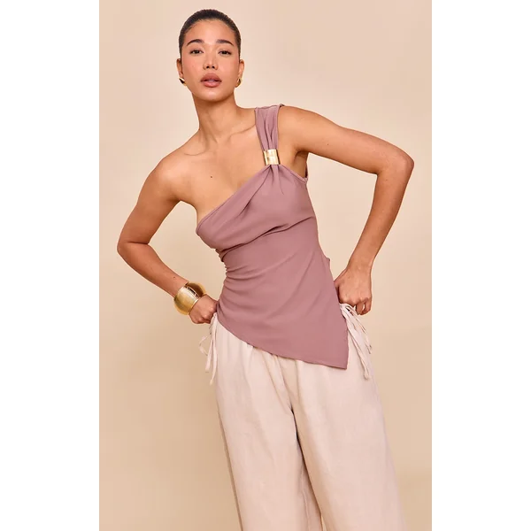 Mushroom Asymmetric One Shoulder Trim Detail Long Top