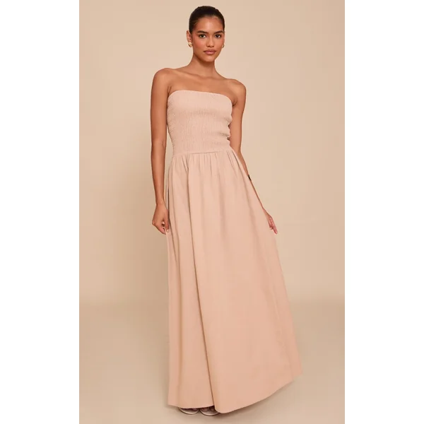 Mushroom Bandeau Shirred Detail Maxi Dress
