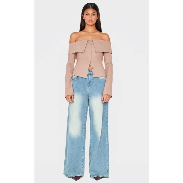 Mushroom Bardot Foldover Long Sleeve Top