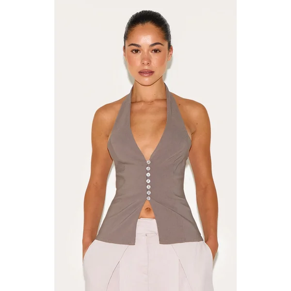 Mushroom Bengaline Button Up Halterneck Long Top