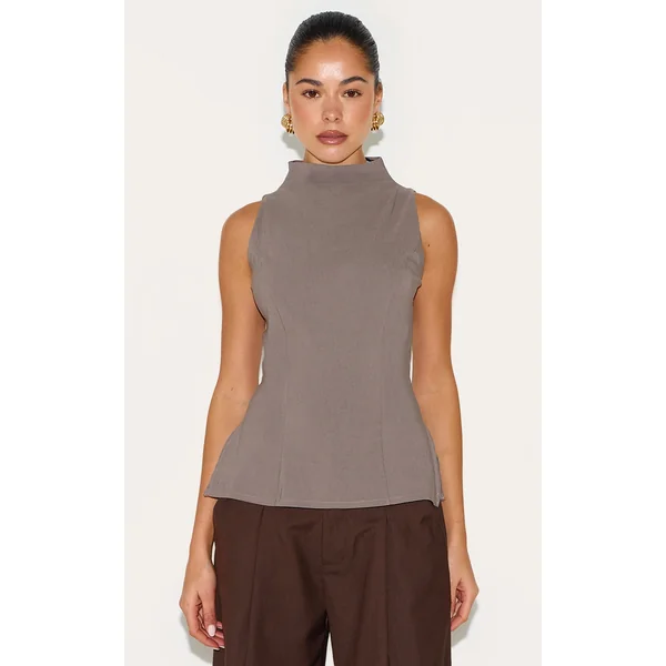 Mushroom Bengaline High Neck Waist Detail Long Top