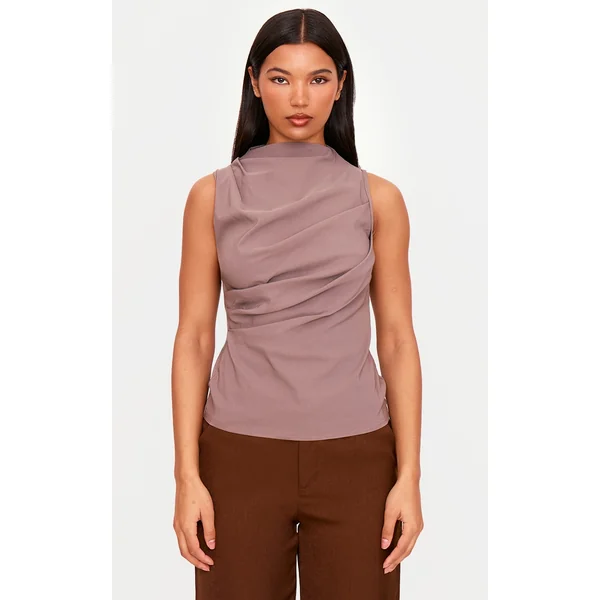 Mushroom Bengaline Ruched Fitted Long Top